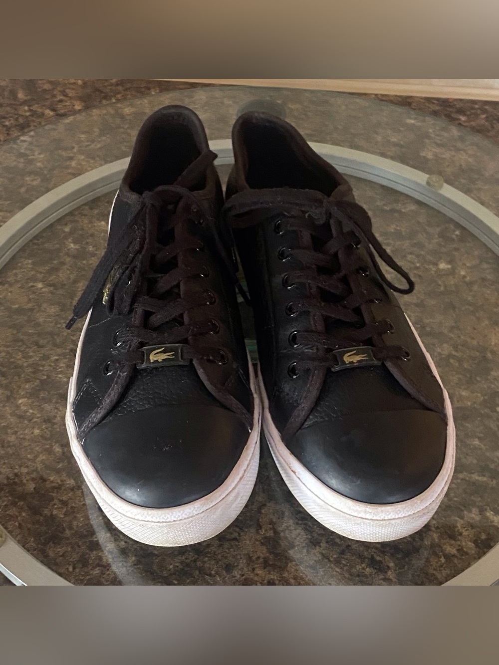 Lacoste Black Leather Low-Top Sneakers with White Soles and Gold Logo Womens 8 - Picture 7 of 9